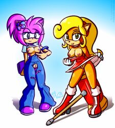 2girls amy_rose anthro bandicoot blonde_hair boots breasts coco_bandicoot computer costume_switch crash_(series) crossover dress dress_pull electronics eyelashes flower furry green_eyes hair_flower hair_ornament hammer hedgehog jezmm laptop looking_at_viewer multiple_girls nipples no_bra no_panties overall piko_piko_hammer pink_hair ponytail pussy red_dress shirt_lift smile sonic_(series) standing torn_clothes weapon