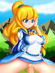 blonde_hair blue_eyes blue_jacket ellia ellia_(summoners_war) mascot pale_skin penis shaved_pussy smile summoners_war