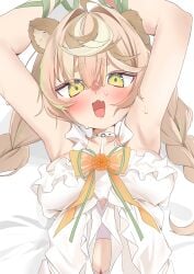 1girls arms_up blonde_hair blush bondage daisy_dandelion female green_eyes idol-en idol_corp pinkucatjs sweat sweatdrop sweating tied_hands tied_up virtual_youtuber