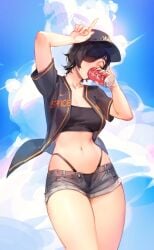 baseball_cap baseball_uniform beer black_hair chainsaw_man drinking exposed_midriff eyepatch high_waisted_thong himeno_(chainsaw_man) large_breasts limart navel open_clothes open_shirt open_shorts thighs