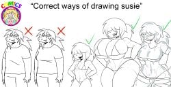 big_breasts bikini bimbo deltarune goo_creature hair_covering_eyes meme permanent_smile sketch small_breasts susie_(deltarune) tagme zaicomaster14