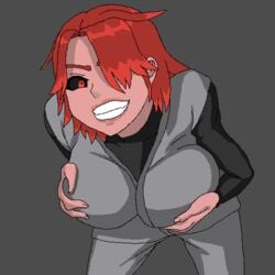 akiko_koizumi bent_over big_breasts breast_grab grin kunoichi mega_milk ninja original_character orochi_akiko pixel_art pointy_chin red_eyes red_hair tan_skin turtleneck uwagi