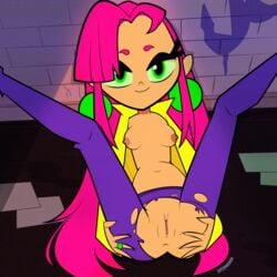 1girls anus breast dc earrings halley hourglass_figure jacket long_hair nipples no_bra pancakemckennz pink_hair public pussy ring ripped_pants smiling spread_legs spreading_ass starfire tamaranean teen_titans teen_titans_go vagina