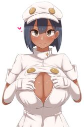 1girls aether_foundation aether_foundation_employee aether_foundation_employee_(female) big_breasts breasts cleavage dark-skinned_female dark_skin female female_aether_foundation_employee heart human nintendo pokemon pokemon_sm smile solo tease unzipped yamaori