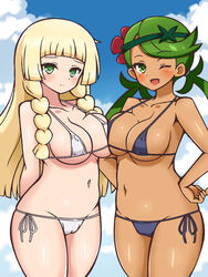 2girls bikini blonde_hair blush breast_press breasts cameltoe chro cleavage dark-skinned_female dark_skin female female_only green_eyes green_hair human lillie_(pokemon) looking_at_viewer mallow_(pokemon) nintendo pokemon pokemon_sm