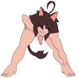 1boy 2d absurd_res ahoge amarimars arti_(amarimars) bangs bangs_over_one_eye bedroom_eyes bent_over brown_hair cat_ears cat_tail catboy eyeliner feet femboy gay grin hand_on_hip hanging_balls hanging_penis high_res legs_apart looking_at_viewer looking_down messy_hair muscular muscular_male nude nude_male oc original_art penis red_eyes smug smug_face tail twink