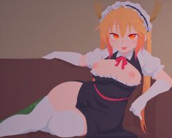 ai_assisted blonde_hair breasts breasts_out couch dragon_girl dragon_horns dragon_tail female gloves horns long_hair looking_at_viewer maid maid_headdress miss_kobayashi's_dragon_maid multicolored_hair nipples orange_eyes puffy_short_sleeves puffy_sleeves rawr69 short_sleeves solo tail thighhighs tohru_(maidragon) tongue tongue_out twintails white_gloves white_thighhighs