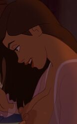 blue_eyes breasts brown_hair disney edit editfag female large_breasts lipstick long_hair nipples open_mouth sarah_hawkins screenshot screenshot_edit smile tagme treasure_planet