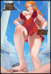 ai_generated caption cbt clothing female femdom inner_sideboob long_hair male marlai nami_(one_piece) one_piece orange_eyes orange_hair sideboob size_difference small_penis small_penis_humiliation stepping_on_penis text underboob wavy_hair
