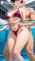 1girls 2026 ai_assisted ai_generated anime artist_name black_hair breasts bust explicit gundam hi_res high_quality high_resolution highres natarle_badgiruel navel patreon patreon_username pool poolside purple_bikini purple_eyes sex_from_behind short_hair skypassion stable_diffusion swimsuit water watermark