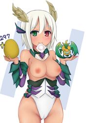 blush breasts cameltoe condom condom_in_mouth egg heterochromia horns nesaku puzzles_and_dragons smile white_hair