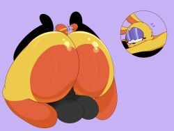 4:3 anthro balls big_balls big_butt black_body butt conelia_(rabbit5gamer) duo female from_front_position genitals hi_res huge_butt lagomorph leporid male male/female mammal mating_press penis rabbit scut_tail sex short_tail tail trabbitwax yellow_body