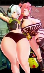 2girls 3d anby_demara ass_visible_through_thighs blush cleavage cunning_hares curvy cyshen expressionless gigantic_ass gigantic_breasts gigantic_thighs heart multiple_girls nicole_demara one_eye_closed parted_lips seductive sisters smile take_your_pick thick_thighs voluptuous wide_hips zenless_zone_zero