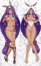 1girls :o animal_ears bangle bangs bare_legs bare_shoulders barefoot bed_sheet blanket blunt_bangs blush bracelet breasts breasts_apart breasts_out bunny_ears censored clothes_lift competition_swimsuit covered_navel dakimakura dark_skin darkmaya earrings eyebrows_visible_through_hair facepaint fate/grand_order fate_(series) female foreshortening from_above full_body groin hair_tubes hairband highres hoop_earrings jewelry knees_together_feet_apart lifted_by_self lips long_hair looking_at_viewer looking_up low-tied_long_hair lying medium_breasts medjed mosaic_censoring multiple_views navel necklace nipples nitocris_(fate/grand_order) nitocris_(swimsuit_assassin) on_back one-piece_swimsuit open_mouth open_toe_shoes panties panty_pull pendant pulled_by_self pussy pussy_juice revealing_clothes sample sandals shiny shiny_skin skin_tight smile solo stomach strap_pull swimsuit swimsuit_aside thigh_gap toes two-tone_hairband underwear very_long_hair watermark white_swimsuit