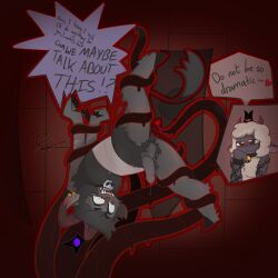 2026 absurd_res angry anthro aroused bandage bell bell_collar black_body bodily_fluids bovid caprine chain collar cult_of_the_lamb dialogue digital_media_(artwork) digitigrade dripping duo english_text erection fangs female fur gazaster genital_fluids genitals goat goat_(cult_of_the_lamb) gold_(metal) gold_tooth hair heart_symbol hi_res horn imminent_anal imminent_sex imminent_tentacle_sex inside lamb_(cult_of_the_lamb) male mammal massive_monster_(studio) nervous nonbinary_(lore) nude open_mouth penis precum precum_drip purple_crown_(cult_of_the_lamb) red_crown_(cult_of_the_lamb) restrained restrained_arms restrained_by_tentacles restrained_legs sheep short_hair signature simple_background tail teeth tentacles text upside_down wool_(fur) wool_hair