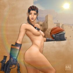 1girls adamburnley black_hair breasts female female_only fennec_shand nipples nude ponytail solo star_wars