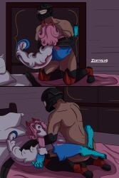 2:3 absurd_res anthro bed bedroom blue_body comic dragon duo female fur furniture furred_dragon furred_scalie hair hi_res horn human long_hair long_tail male male/female mammal multicolored_body myceelidos_(zortrex) mythological_creature mythological_scalie mythology nude pink_body pink_hair pinky_(zortrex) scalie sex simple_background size_difference smaller_female tail white_body zortrex