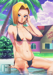 abs android_18 bikini black_bikini blonde carbon12th dragon_ball dragon_ball_z female sitting solo swimming_pool