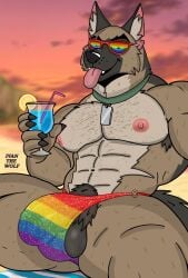 2026 abs alcohol anthro balls beverage big_bulge brown_body brown_claws brown_fur brutus_(pixie_and_brutus) bulge canid canine canis claws clothing cocktail cocktail_glass collar container cup domestic_dog drinking_glass eyewear fur fur_markings genital_markings genitals german_shepherd glass glass_container glass_cup green_collar herding_dog hi_res ivan_the_artist lgbt_pride lgbt_pride_month looking_at_viewer male mammal markings multicolored_body multicolored_clothing multicolored_fur muscular nipples pastoral_dog pecs penis penis_markings pubes rainbow_clothing scar solo sunglasses tongue tongue_out underwear