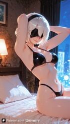 1girl 2b 2b_(nier:automata) ai_generated armpits arms_up bed bikini black_bikini black_blindfold black_hairband blindfold bra breasts covered_eyes curtains hairband highleg highleg_bikini indoors lamp medium_breasts mole mole_under_mouth navel nier_automata on_bed pillow short_hair sitting smile solo stomach swimsuit thighs underwear white_hair window
