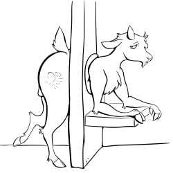 2_horns absurd_res anthro balls big_butt black_and_white bovid butt caprine cloven_hooves fingers genitals goat hand_print hi_res hooved_fingers hooves horn looking_at_viewer male male_anthro mammal monochrome nude open_mouth solo through_wall