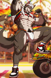 2026 5_fingers abs absurd_res alaskan_malamute anthro areola beard biped black_beard black_clothing black_facial_hair black_footwear black_nose black_pawpads black_pubes black_shoes blurred_background body_hair bracelet brown_body brown_fur brown_tail bulge canid canine canis cheek_tuft chest_hair chest_harness clothed clothed_anthro clothed_male clothing detailed_bulge digit_ring digital_drawing_(artwork) digital_media_(artwork) domestic_dog drks drks_(drks) ear_piercing ear_ring eye_scar eyebrows facial_hair facial_scar facial_tuft fangs finger_ring fingers footwear fur gesture glistening glistening_body glistening_eyes hair hand_behind_head hand_gesture harness hi_res jewelry jockstrap lgbt_pride looking_at_viewer male male_anthro mammal multicolored_bracelet multicolored_clothing multicolored_footwear multicolored_jockstrap multicolored_shirt multicolored_shoes multicolored_socks multicolored_tail multicolored_topwear muscular muscular_anthro muscular_male navel nipples nordic_sled_dog open_mouth open_smile pantsless pantsless_anthro pantsless_male pawpads pecs piercing pink_areola pink_inner_ear pink_nipples pointing pointing_at_self pointy_ears prick_ears pride_color_bracelet pride_color_clothing pride_color_footwear pride_color_shirt pride_color_socks pride_color_topwear pride_color_underwear pride_colors pubes raised_clothing raised_shirt raised_topwear red_clothing red_eyes red_footwear red_shoes ring_piercing scar shirt shoes smile smiling_at_viewer socks solo spitz standing tail tan_body tan_fur tan_tail teeth tongue topwear tuft underwear white_clothing white_eyebrows white_footwear white_hair white_shoes wristband