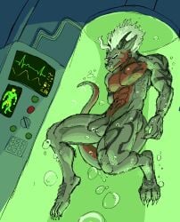4_toes 5_fingers anthro arm_tattoo balls bodily_fluids bubble chest_tattoo claws countershading dark_room dragon eyes_closed feet fingers foreskin genital_fluids genitals hair hieronymusjohnson horn leg_tattoo long_tail male muscular muscular_anthro mythological_creature mythological_scalie mythology nipples pecs penis precum scalie scientific_instrument sleeping solo soren_ashe stasis_chamber tail tattoo toe_claws toes unretracted_foreskin white_hair