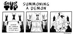 ass big_butt blush blushing butt caught_in_the_act clothed clothing comic cult cultist demon dialogue dildo english_text faceless_male gay muscular muscular_male riding_dildo sex size_difference smaller_male spedumon summoning summoning_circle tail text