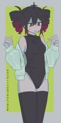 1girls 2d 2d_(artwork) ahoge alternate_costume armpit_crease artist_name black_hair breasts clothed clothed_female clothing curvy dark_teto embarrassed embarrassed_female female female_only fully_clothed hands_up jacket japanese_text kasane_teto leotard looking_down mv_character petite petite_body petite_female qna_(utau) red_eyes red_hair sfw sidelocks simple_background skinny skinny_female slim_girl slim_waist small_breasts solo solo_female sweat sweatdrop sweating text thighhighs thighs twin_drills two-tone_hair wavy_mouth wide_hips zettai_ryouiki