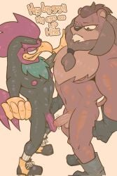 2boys abs animal_ears bara beak bird_boy black_boots black_gloves blush boots chicken_boy closed_mouth commentary don_the_rooster_(sonic) english_commentary english_text furry furry_male gloves highres lion_boy lion_ears lion_mane lion_tail looking_at_another looking_at_penis looking_down male_focus multiple_boys muscular muscular_male navel nipples nude pectorals penis scottdeer_(icartgen) smile smithy_the_lion sonic_(series) sonic_the_hedgehog_(idw) sweat tail testicles yaoi yellow_boots yellow_gloves