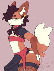 absurd_res anthro brown_hair bulge canid canine choker clothing detailed_bulge erection erection_under_clothing femboy fluffy_ears fox genital_outline hair hi_res jewelry legwear male mammal necklace penis_outline piercing side_view smug smug_face solo starlit_aster thigh_highs