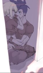 1femboy 2boys androgynous arms_around_partner ass_grab blonde_hair bob_cut clothing femboy feminine_faced_male feminine_male galo_thymos gay lio_fotia male monochrome on_lap petite petite_body petite_male promare short_hair short_male size_difference slim slim_male slim_waist suggestive thin_waist twink yaoi