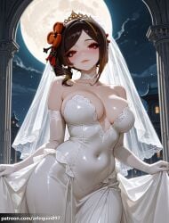 1girl ai_generated arlequin097 bare_shoulders blonde_hair blush breasts bridal_veil bride brown_hair chiori_(genshin_impact) choker cleavage closed_mouth collarbone covered_navel cowboy_shot dress elbow_gloves flower full_moon genshin_impact gloves hair_ornament huge_moon large_breasts looking_at_viewer mihoyo moon multicolored_hair night night_sky red_eyes skirt_hold smile solo strapless strapless_dress streaked_hair tiara veil wedding_dress white_choker white_dress white_gloves