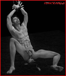 1boy 3d ball_cage barefoot black_and_white bondage bound_wrists cock_and_ball_torture gag gay male male_only malesub minxtravels penis penis_vibrator realistic tape_gag vibrator yaoi