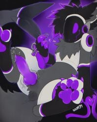 animal_genitalia anthro balls beckoning bodily_fluids claw_fingers claws collar digital_media_(artwork) erection fluffy fur genital_fluids genitals gesture hair heart_symbol hi_res holding_collar holding_leash holding_object knot knotted_penis leash machine male pawpads paws penis precum protogen sheath simple_background sitting smile solo tail wuff34
