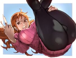 angry ass ass_focus black_legwear cameltoe laying_down laying_on_back leggings middle_finger nami_(one_piece) pink_sweater raised_legs skin_tight sweater xandredarium