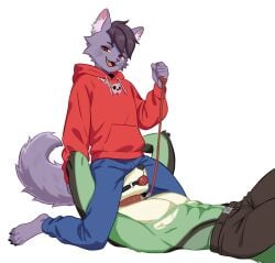 anthro ball_gag canid canine canis clothing collar duo felid fur gag green_body hi_res hoodie leash leash_pull leashed_collar male male/male mammal mr_bubba purple_body purple_fur purple_tail red_clothing red_hoodie red_topwear simple_background tail topwear white_background wolf