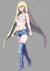 1girls aether_foundation areolae bad_id bare_arms bare_shoulders belly blonde blonde_hair blue_boots blue_shoes blush boots bracelet breasts cleavage covered_breasts dated denim denim_footwear denim_shorts english english_text feet female female_only footwear green_eyes grey_background hair_over_one_eye happy_trail heart high_heel_boots high_heels high_resolution hips human iku_(ikuchan_kaoru) ill-fitting_clothes japanese_text jewelry legs long_hair looking_at_viewer lusamine_(pokemon) medium_breasts meme_attire midriff mother navel nintendo open_toe_shoes pokemon pokemon_sm pubic_hair shoes short_shorts shorts simple_background small_clothes solo standing stomach sweat tank_top text thigh_boots thighhighs thighs toes torn_clothes underboob very_high_resolution very_long_hair video_game