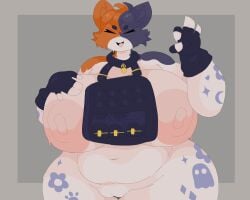 absurd_res anthro belly big_breasts big_butt breasts butt calico_cat cate_meowdy collar curvy_figure domestic_cat emobunny epic_games felid feline felis female fortnite fur happy hi_res huge_breasts mammal multicolored_body multicolored_fur nude solo thick_thighs voluptuous wide_hips
