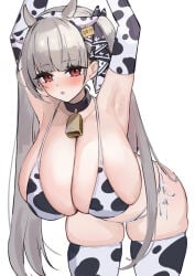 1girl absurdres animal_ears animal_print armpits arms_up azur_lane bare_shoulders bikini blush breasts cleavage commentary_request cow_ears cow_horns cow_print cow_print_bikini elbow_gloves female female_only formidable_(azur_lane) gloves grey_hair hair_ribbon highres horns large_breasts long_hair looking_at_viewer marumai open_mouth print_bikini red_eyes ribbon solo swimsuit thighhighs thighs twintails two-tone_ribbon very_long_hair white_bikini white_gloves white_thighhighs