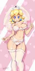 areola bra breasts clothed clothing crown earrings female half-dressed headgear human krakenparty lingerie long_hair looking_at_viewer mario_(series) navel nintendo nipples nude one_breast_out panties princess princess_peach royalty smile solo standing stockings super_mario_odyssey thick thick_thighs underwear video_games wedding_veil white_panties