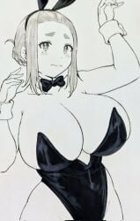 black_leotard blush bunny bunny_ears bunnysuit cleavage closed_mouth embarrassed greyscale huge_breasts kaii_to_otome_to_kamikakushi mature_female monochrome ogawa_sumireko sketch thick_thighs wavy_mouth wide_hips