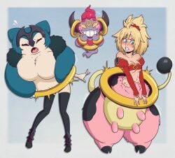androgynous_dom bare_shoulders big_breasts blonde_hair blush breasts cow cow_girl crossover evil_smile fate/apocrypha fate/grand_order fate_(series) femsub floating furry hoopa jeanne_alter large_breasts miltank mordred_(fate) nintendo plushification pokemon pokemon_(creature) ring smile snorlax standing tail transformation wrenzephyr2