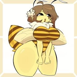 bee_girl breasts brown_hair insect_wings merricuwu thick_thighs tongue_out yellow_body