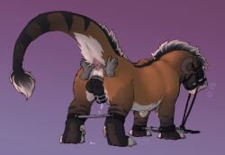 animal_genitalia anon anus backsack balls bdsm black_balls black_sheath blinders bodily_fluids bondage bound breath bridle chastity_cage chastity_device curled_horn disembodied_hand dragon dripping duo eyewear felkin feral fully_sheathed fur furred_dragon furred_scalie genital_fluids genitals horn male male_feral micah_(yarrowlynx) multicolored_body mythological_creature mythological_scalie mythology orange_body pink_anus precum precum_drip quadruped raised_tail reins restraints scalie sheath spread_anus spreader_bar spreading stripes tail tail_tuft tuft yarrowlynx