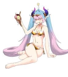 angry_face blue_hair golden_bikini hanakyo horns ice_cream pink_highlights twitter_link vtuber vtuberfanart