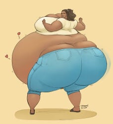 1girl 2020s 2024 absurd_res after_vore berggie brown_hair clenched_fist consensual_vore digital_drawing_(artwork) digital_media_(artwork) english_description female_pred female_prey gigantic_ass gigantic_belly heart heart_symbol hi_res high_resolution highres leshawna_(tdi) ponytail post-vore shadow shaking_ass shaking_butt showing_off signature simple_background soft_vore solo solo_female solo_focus vore vore_belly