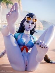 1girls 3d 3d_(artwork) alternate_version_available amelie_lacroix anus anus_peek barefoot beach beach_background blender blizzard_entertainment bra cleavage cote_d'azur_widowmaker dark_blue_hair earrings feet feet_up female female_focus female_only french french_female hi_res high_resolution highres lewdrex looking_at_viewer medium_breasts overwatch ponytail presenting presenting_pussy purple_body purple_skin pussy pussy_lips showing_off sitting smile smiling soles submissive_female sunglasses topwear vagina watermark widowmaker yellow_eyes