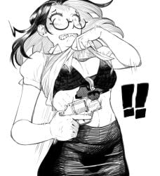 1girls artist_request bra breasts character_request clothes_lift commentary concealed_weapon english_commentary gun hidden_weapon high-waist_skirt holding holding_gun holding_weapon long_hair medium_breasts monochrome original pencil_skirt revolver semi-rimless_eyewear shirt_lift skirt snubnosed_revolver solo surprised teeth trigger_discipline under-rim_eyewear underwear wardrobe_malfunction weapon