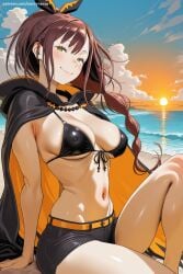 1girl ai_generated arm_support bangs beach belt bikini black_bikini black_cape black_shorts blush braid breasts brown_hair cape cleavage closed_mouth cloud covered_nipples day female female_only front-tie_top green_eyes hi_res high_quality high_resolution horizon long_hair looking_at_viewer medium_breasts navel ocean outdoors patreon re:zero_kara_hajimeru_isekai_seikatsu savvyraexo seductive sexy shaula_(re:zero) shiny shiny_skin short_shorts shorts sitting skindentation sky smile solo stomach swimsuit thighs uncensored very_long_hair water watermark